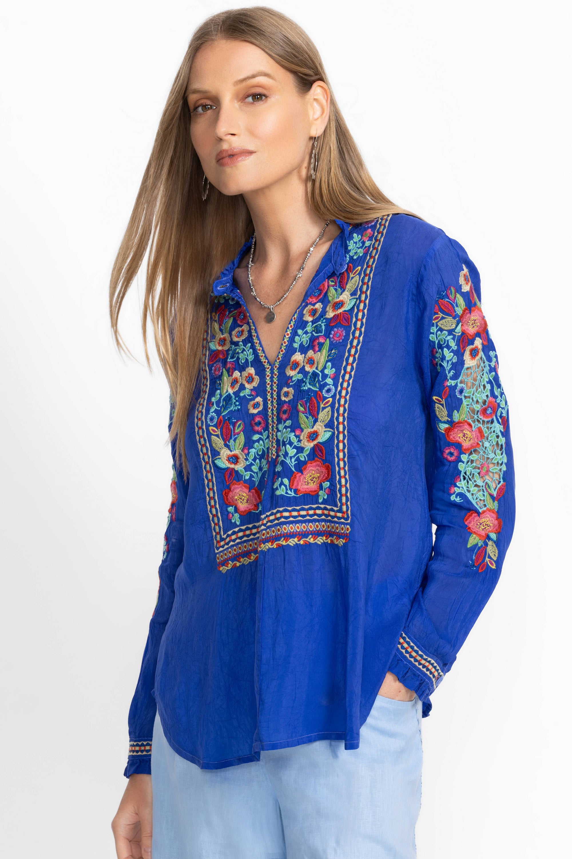 JOHNNY WAS  EMBROIDERED  BLUE AND RED FLOWERS BLOUSE