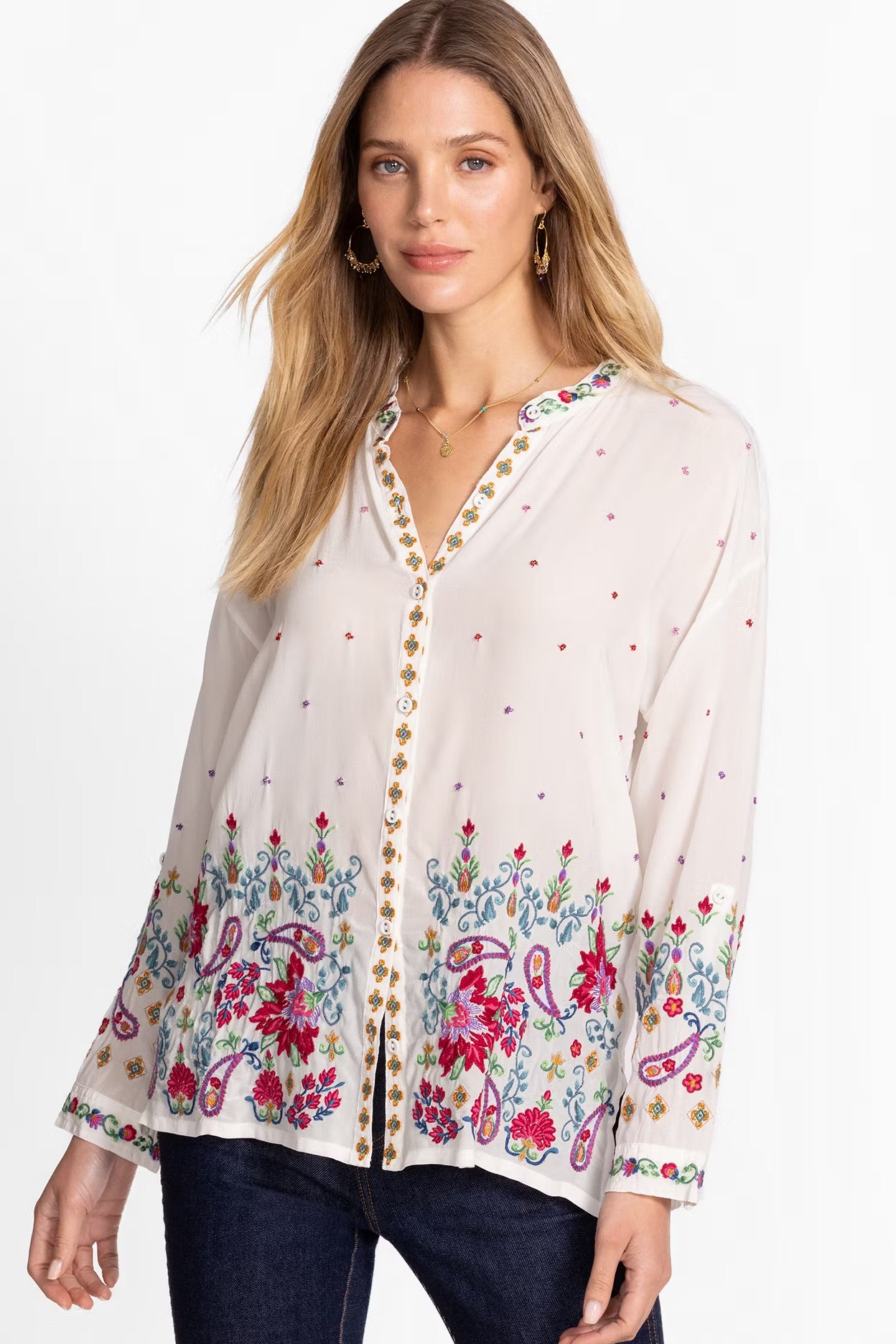 JOHNNY WAS SILK MANDARIN COLLAR SHIRT WHITE WITH BEADS
