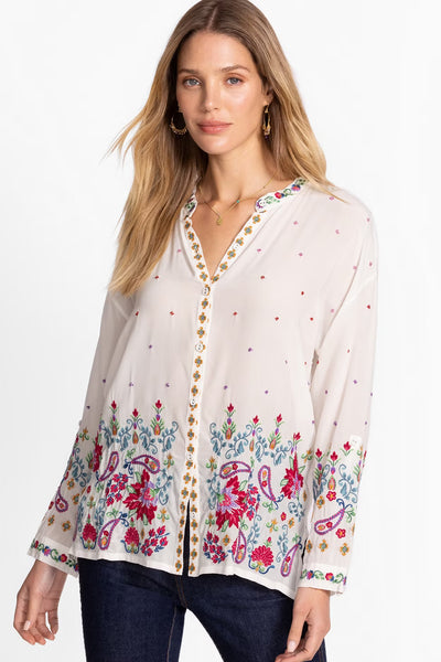 JOHNNY WAS SILK MANDARIN COLLAR SHIRT WHITE WITH BEADS