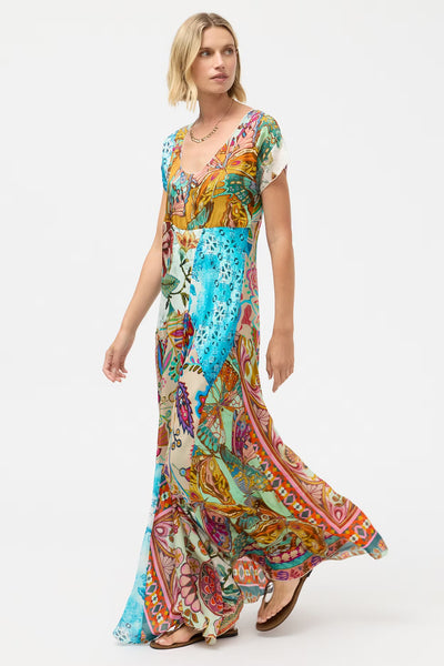 JOHNNY WAS  SHORT SLEEVES SILK MAXI DRESS - SLIP
