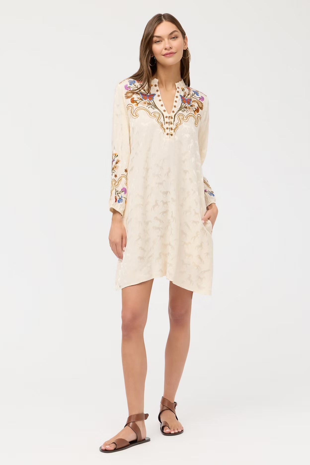 JOHNNY WAS  ECRU EMBROIDERED SHIFT FIELD DRESS