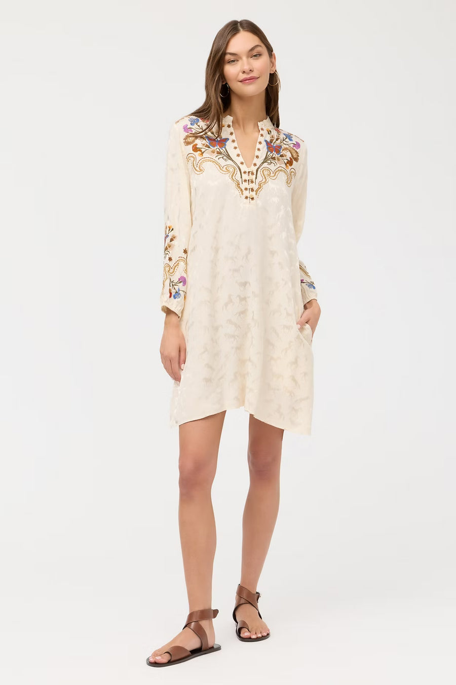 JOHNNY WAS  ECRU EMBROIDERED SHIFT FIELD DRESS